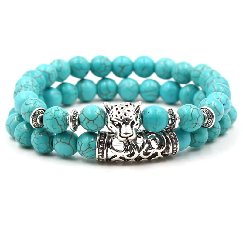 KMVEXO 2PCS/Set Silver Color Buddha Head Lava Skeleton Turquoises Natural Stone Beads For Women Men Bracelet Set Charm Bangles