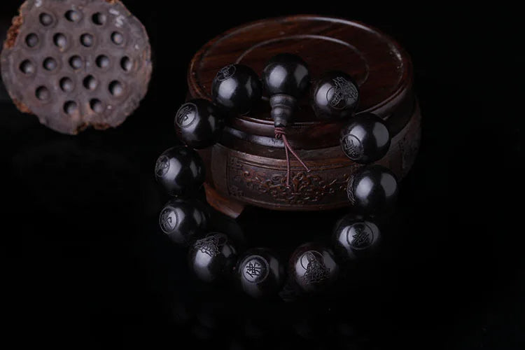 Natural Ebony 15mm 20mm Beads Buddhist Prayer Bracelets Great Sculpture Buddha Bracelet Men Women Meditation Jewelry