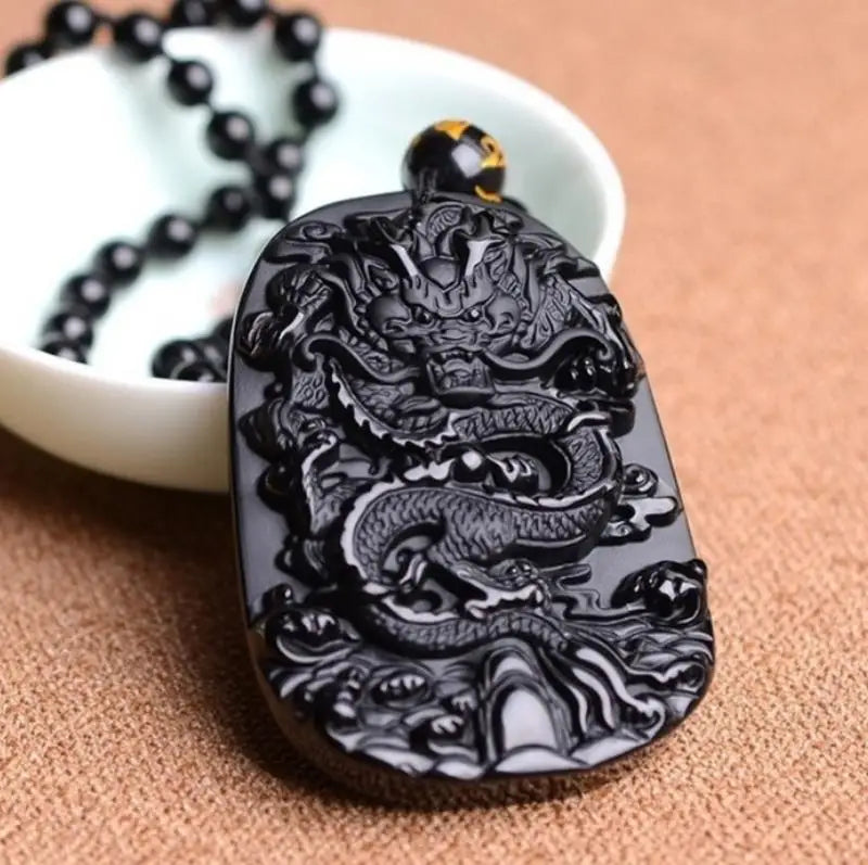 Retro Ethnic Fashion Black Dragon Obsidian Pendant Necklace Jewelry Men's Jade Maitreya Buddha Gift Amulet Jewelry