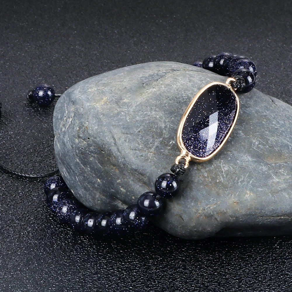 Natural Sandstone Tibetan Buddha Bracelet & Bangle Blue Gold Color Stone Beads Braided Bracelets Women Men Shining Wrist Jewelry