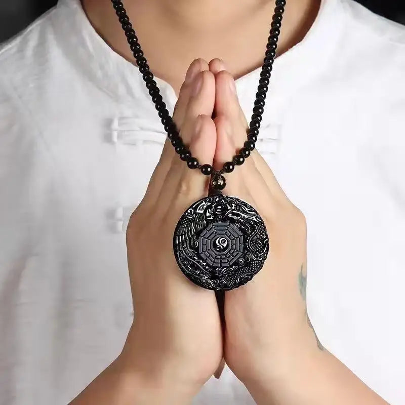 Retro Ethnic Fashion Black Dragon Obsidian Pendant Necklace Jewelry Men's Jade Maitreya Buddha Gift Amulet Jewelry