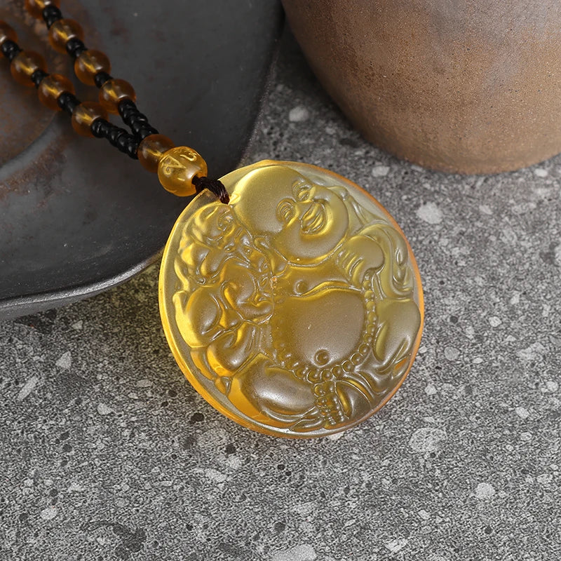 Retro Ethnic Fashion Black Dragon Obsidian Pendant Necklace Jewelry Men's Jade Maitreya Buddha Gift Amulet Jewelry
