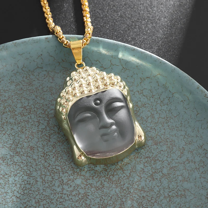 Retro Ethnic Fashion Black Dragon Obsidian Pendant Necklace Jewelry Men's Jade Maitreya Buddha Gift Amulet Jewelry