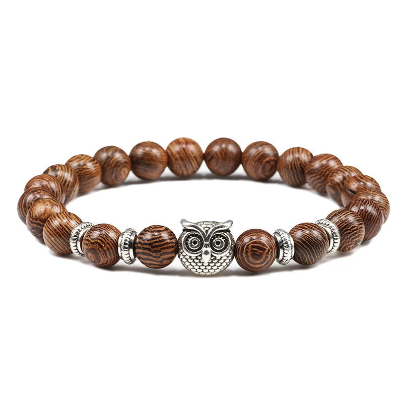 Hot Sale Men Natural Wood Beads Bracelets Healing Buddha Cross Owl Helmet 7 Chakras Beaded Bracelets&Bangles Women Yoga Jewelry
