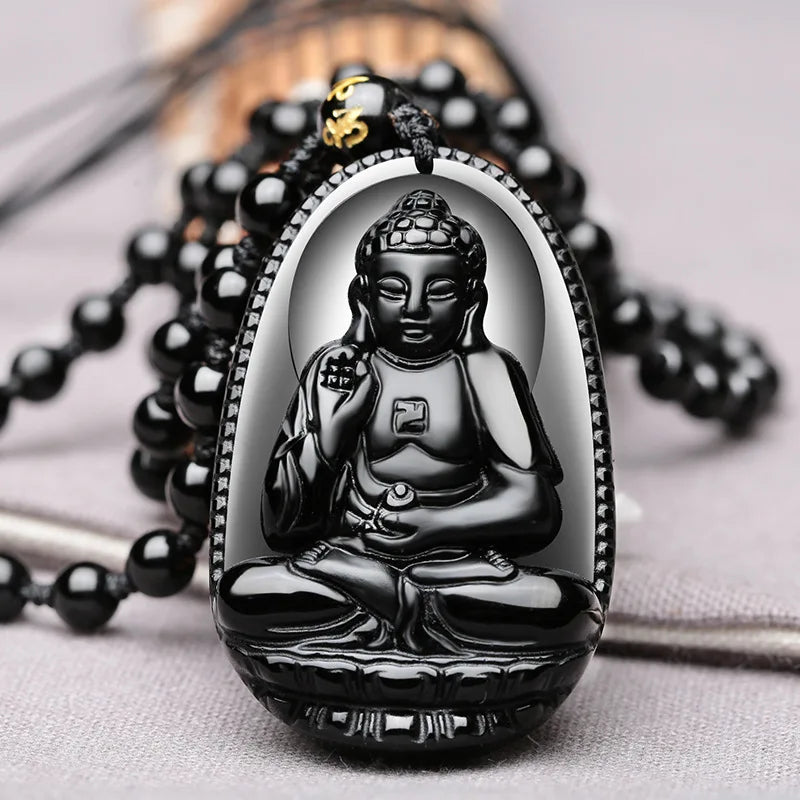 Amitabha Buddha Obsidian Necklace - Shield Against Negativity, Inner Peace