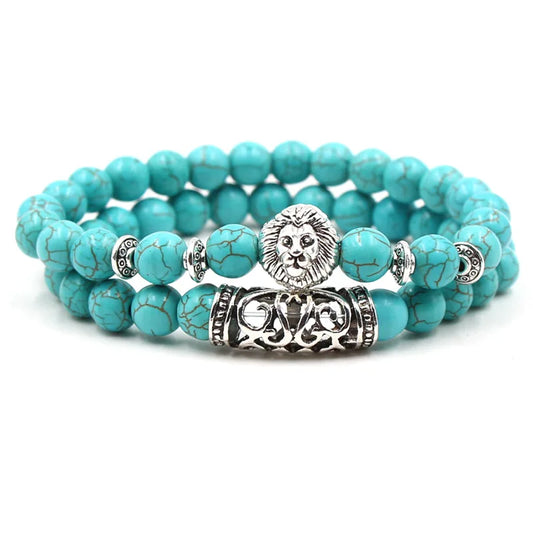 KMVEXO 2PCS/Set Silver Color Buddha Head Lava Skeleton Turquoises Natural Stone Beads For Women Men Bracelet Set Charm Bangles