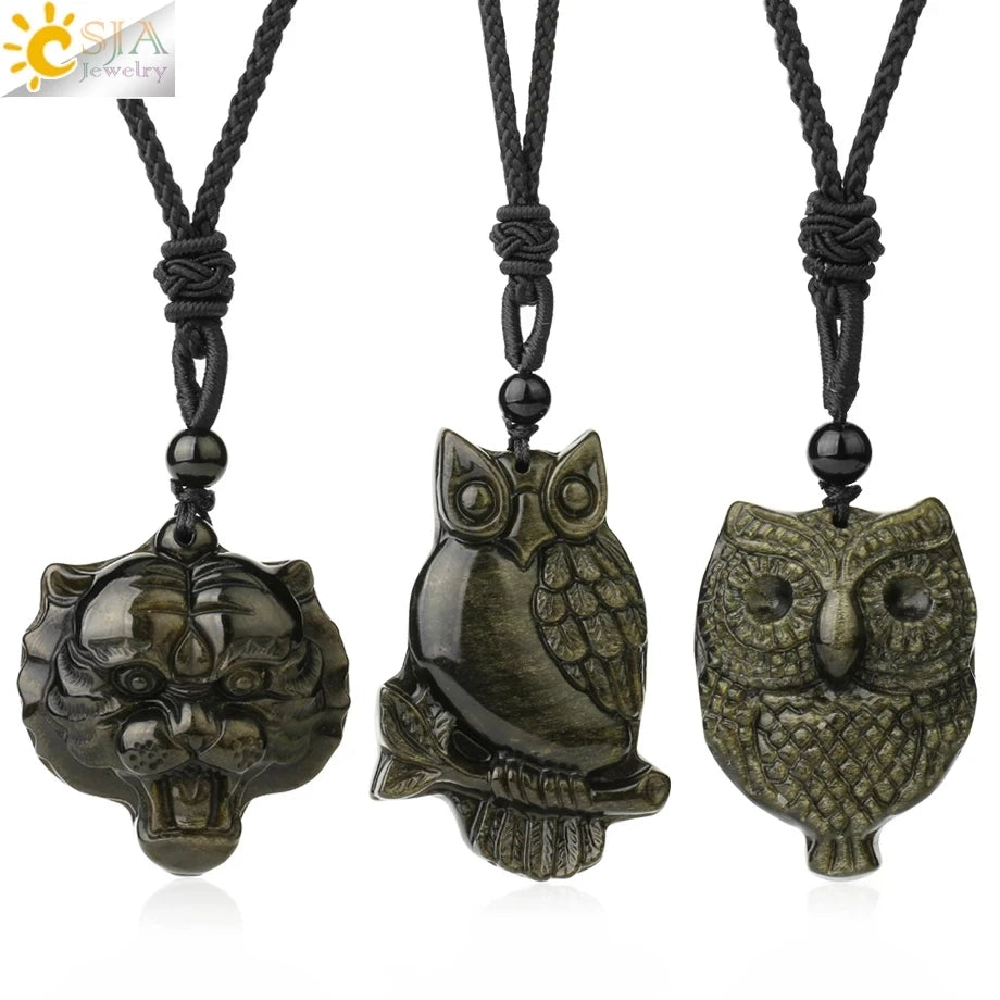 Obsidian Natural Stone Necklace - Wolf Buddha Sculpture for Strength