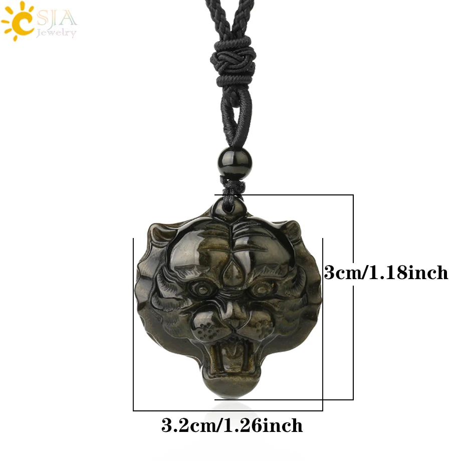 Obsidian Natural Stone Necklace - Wolf Buddha Sculpture for Strength