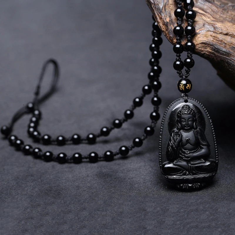 Amitabha Buddha Obsidian Necklace - Shield Against Negativity, Inner Peace