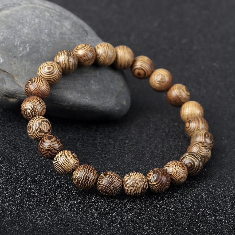 Vintage Men Bracelet 6 8 10 12mm Natural Wood Bead Tibetan Buddha Bracelet Charm Wood Beads Ethnic Tribal Wristbands Men Jewelry