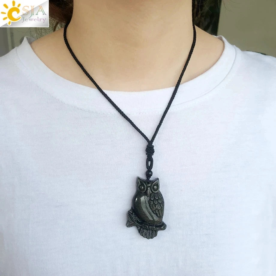 Obsidian Natural Stone Necklace - Wolf Buddha Sculpture for Strength