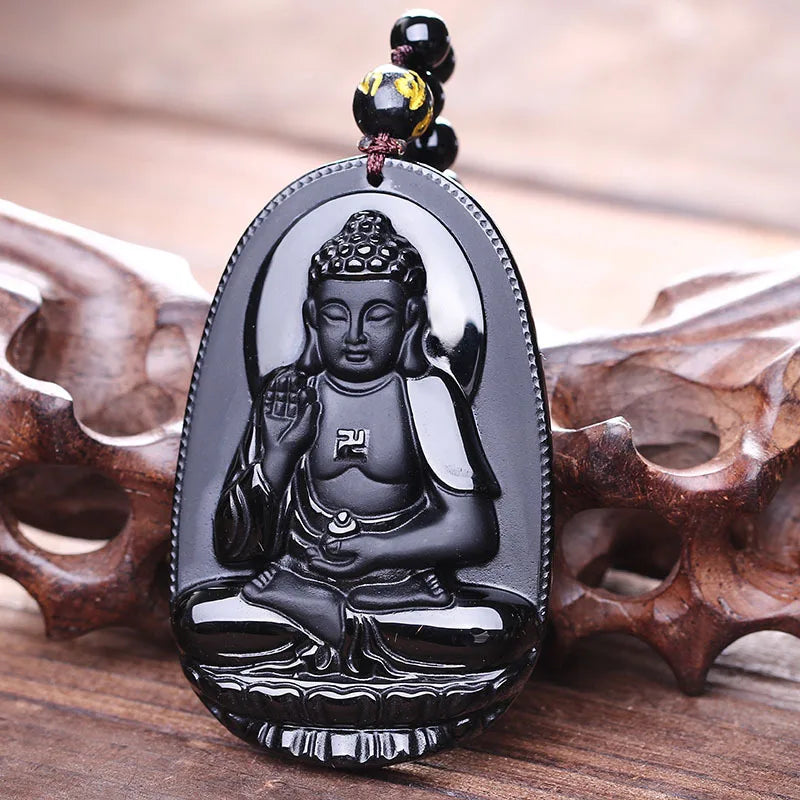 Amitabha Buddha Obsidian Necklace - Shield Against Negativity, Inner Peace