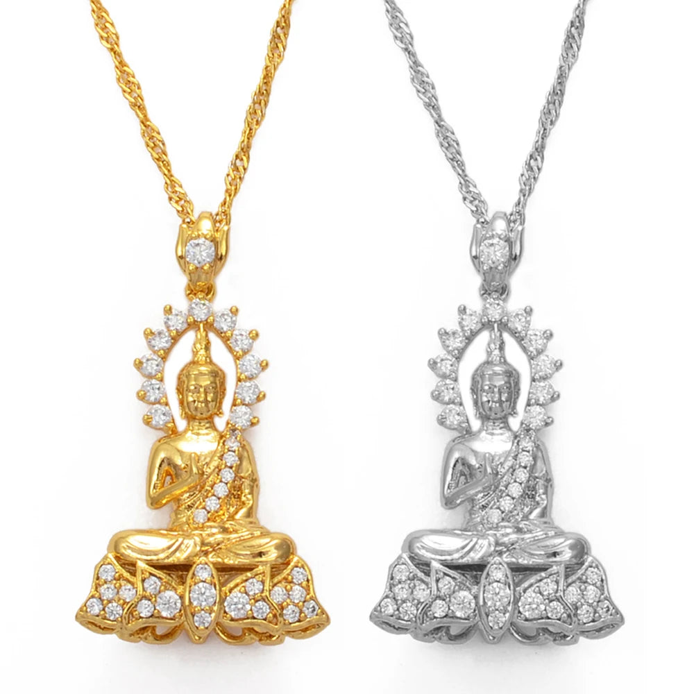 Elegant Cambodian-Style Buddha Necklace - Cubic Zirconia Adorned Spiritual Charm