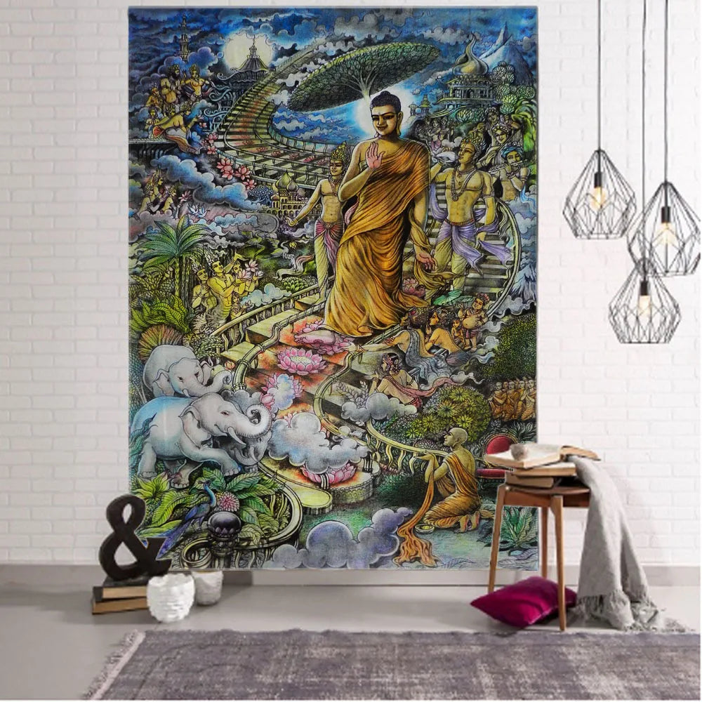 Indian Buddha statue tapestry wall hanging lotus meditation mandala wallpaper home living room bedroom studio wall decoration