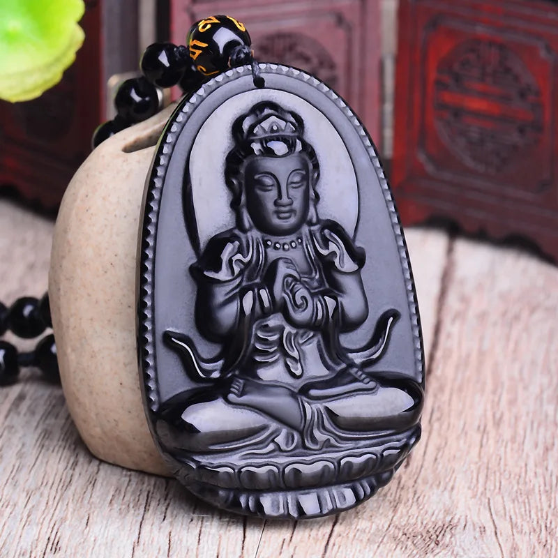 Amitabha Buddha Obsidian Necklace - Shield Against Negativity, Inner Peace