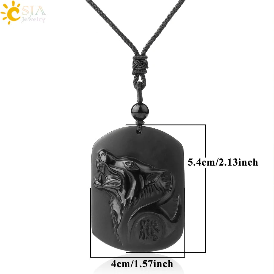 Obsidian Natural Stone Necklace - Wolf Buddha Sculpture for Strength