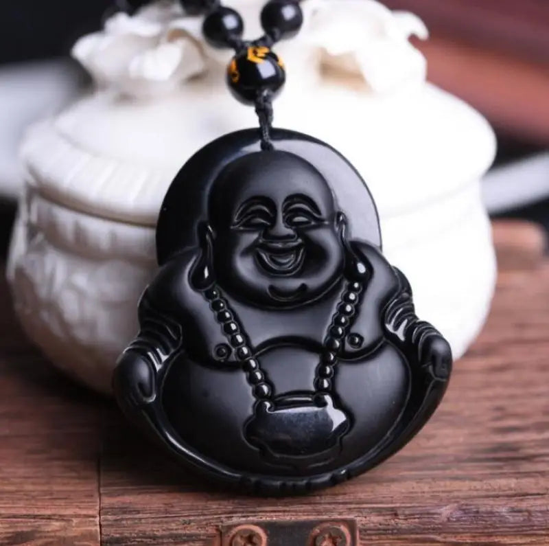 Hand-Carved Obsidian Money Buddha Necklace - Attract Prosperity and Fortune