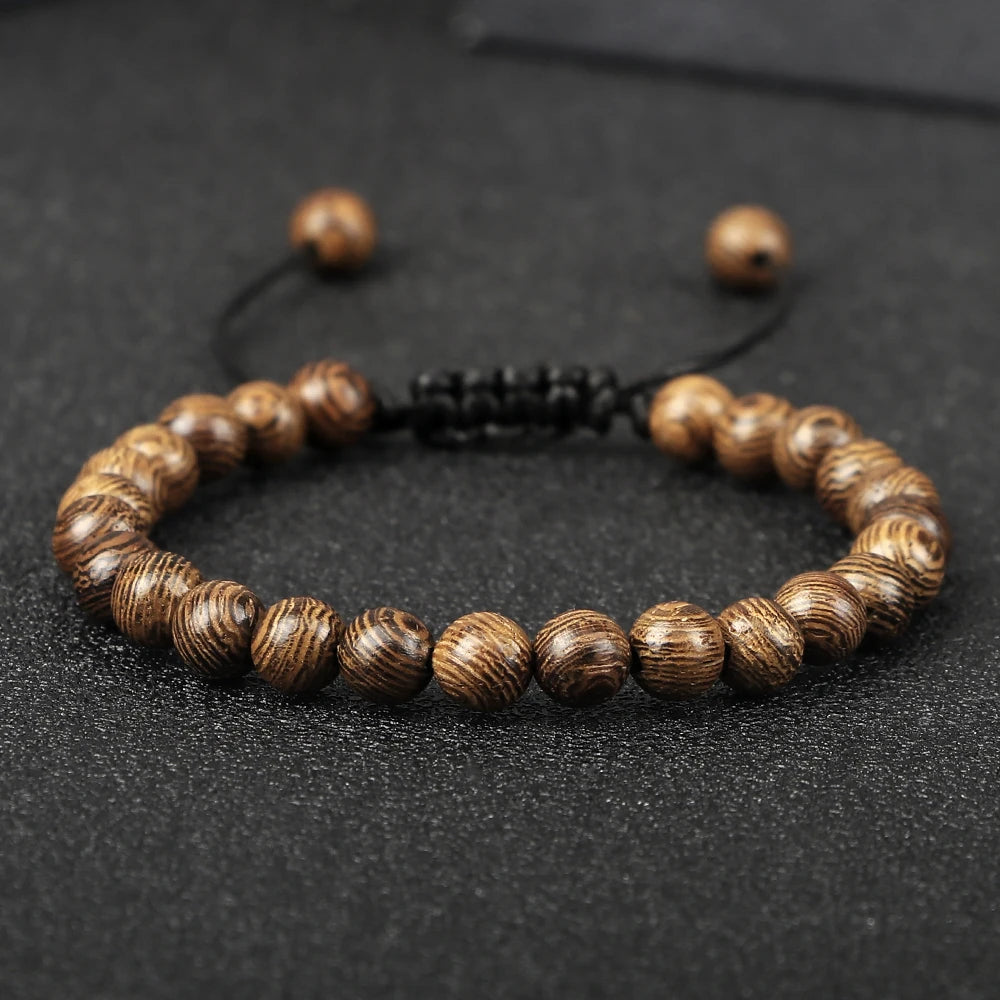 Vintage Men Bracelet 6 8 10 12mm Natural Wood Bead Tibetan Buddha Bracelet Charm Wood Beads Ethnic Tribal Wristbands Men Jewelry