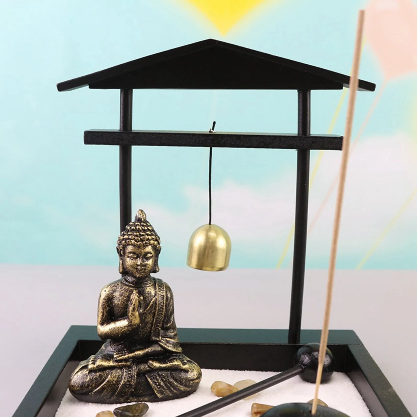 Desktop Zen Sand Garden Meditating Buddha Statue Mini Zen Garden Sand Tray Kit for Home Office Decor