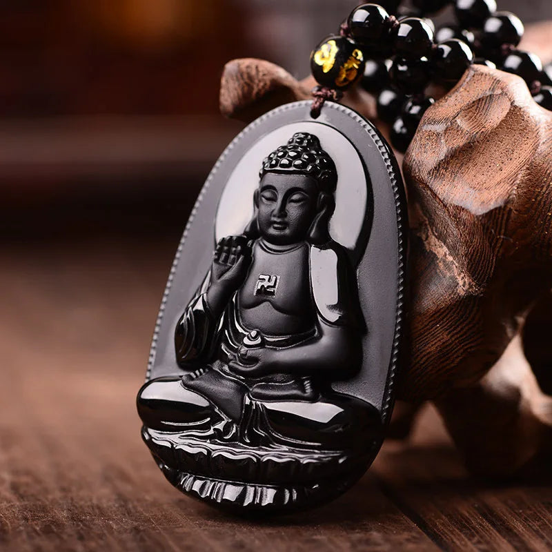 Amitabha Buddha Obsidian Necklace - Shield Against Negativity, Inner Peace