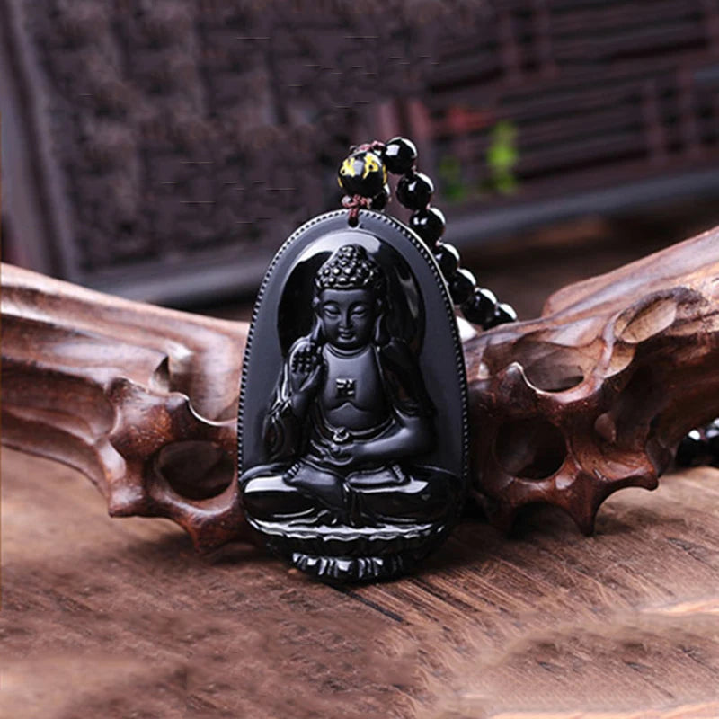 Amitabha Buddha Obsidian Necklace - Shield Against Negativity, Inner Peace