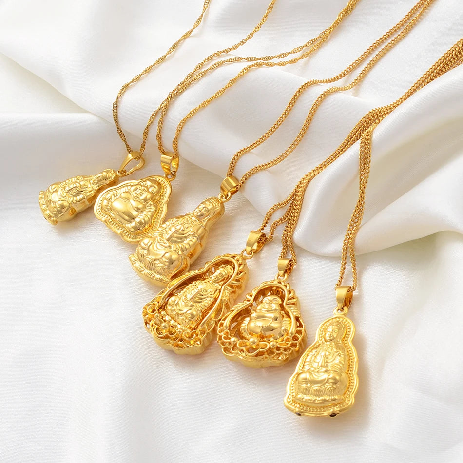 Chinese-Style Gold-Plated Guan Yin Necklace - A Symbol of Compassion & Protection