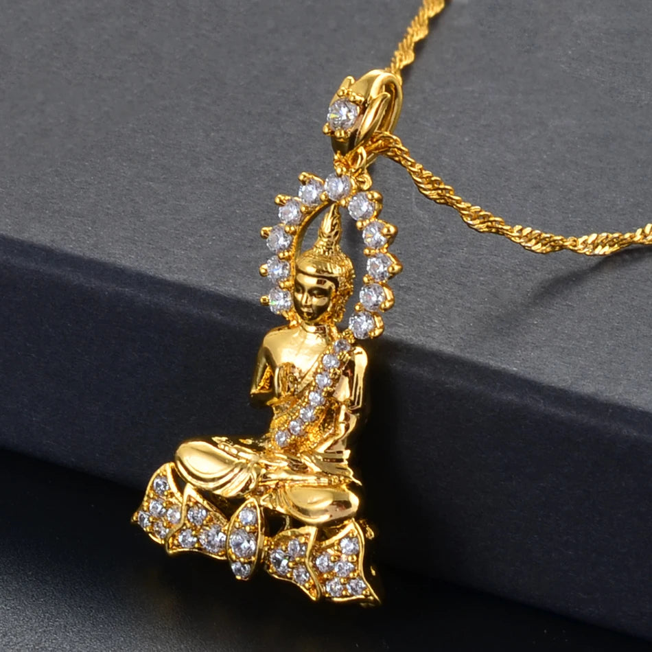 Elegant Cambodian-Style Buddha Necklace - Cubic Zirconia Adorned Spiritual Charm