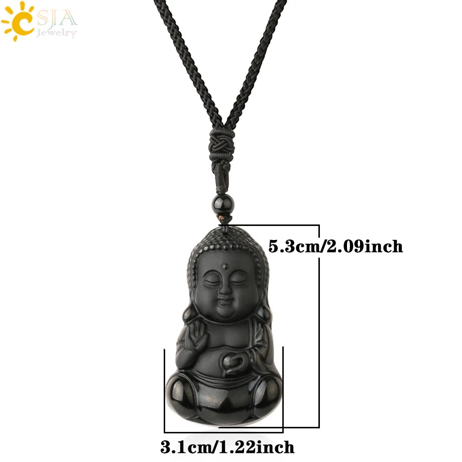 Obsidian Natural Stone Necklace - Wolf Buddha Sculpture for Strength