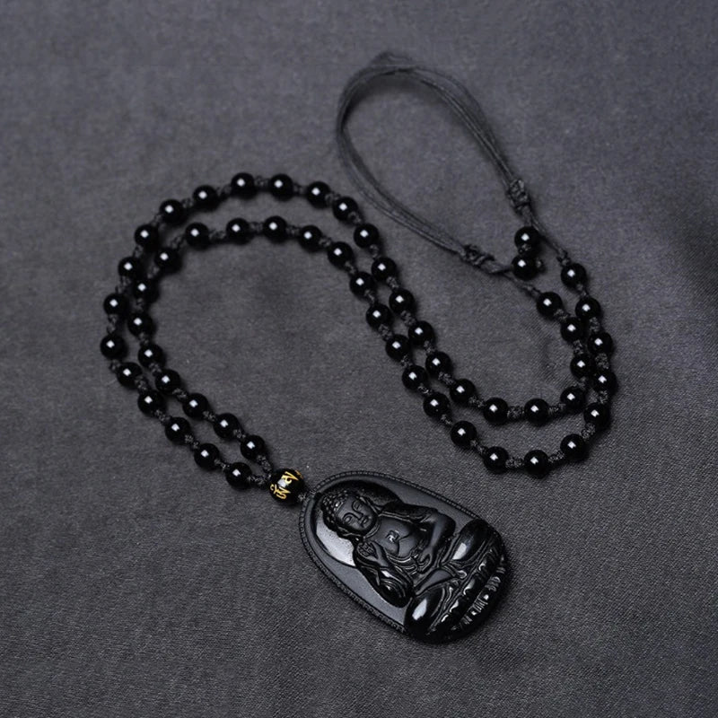 Amitabha Buddha Obsidian Necklace - Shield Against Negativity, Inner Peace