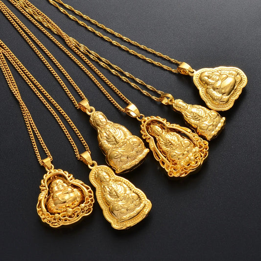 Chinese-Style Gold-Plated Guan Yin Necklace - A Symbol of Compassion & Protection