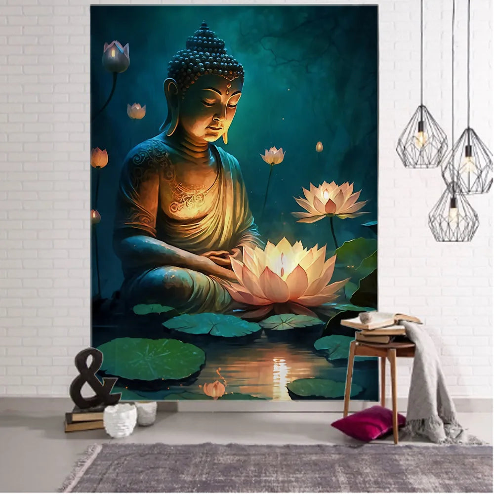 Indian Buddha statue tapestry wall hanging lotus meditation mandala wallpaper home living room bedroom studio wall decoration