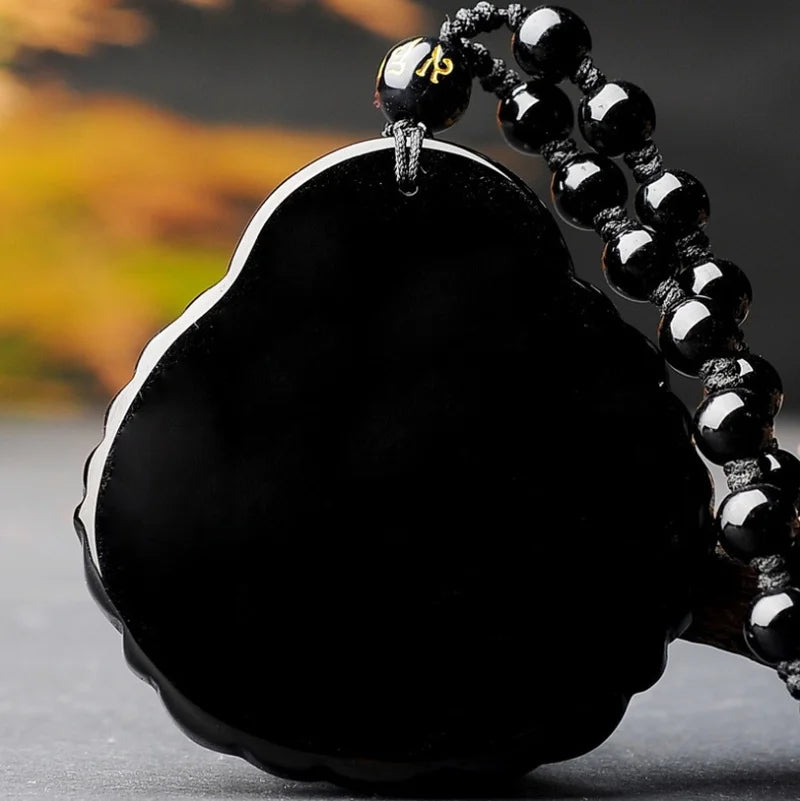 Hand-Carved Obsidian Money Buddha Necklace - Attract Prosperity and Fortune