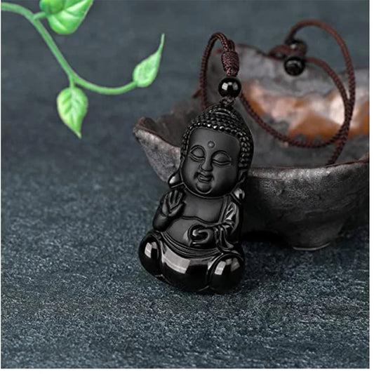 Obsidian Natural Stone Necklace - Wolf Buddha Sculpture for Strength