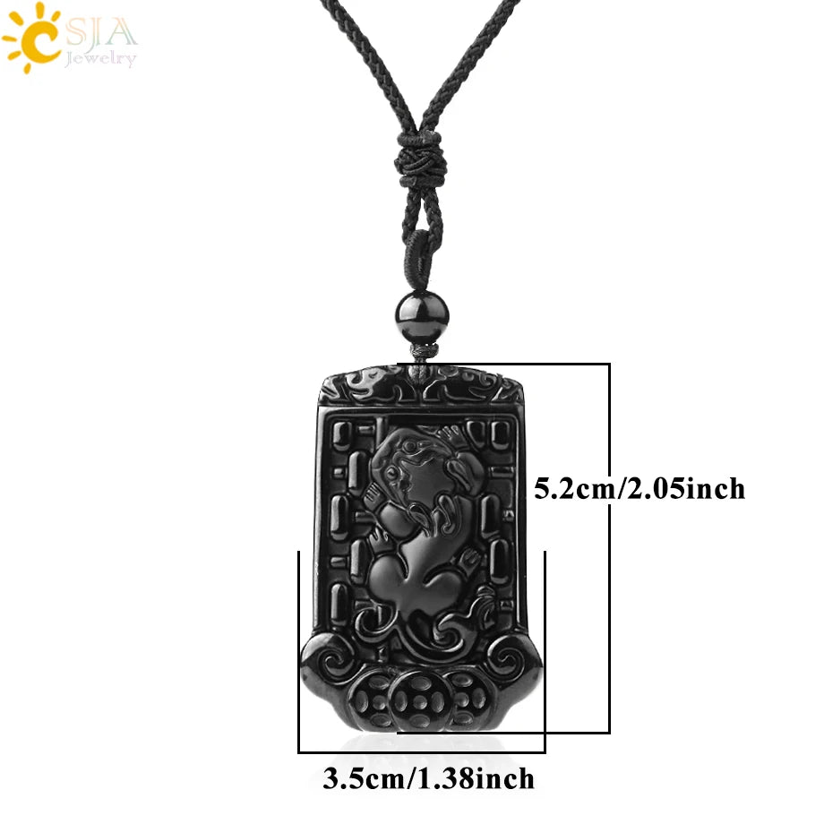 Obsidian Natural Stone Necklace - Wolf Buddha Sculpture for Strength