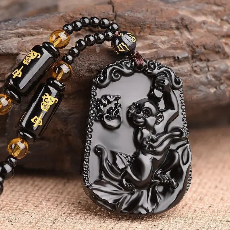 Hand-Carved Obsidian Money Buddha Necklace - Attract Prosperity and Fortune