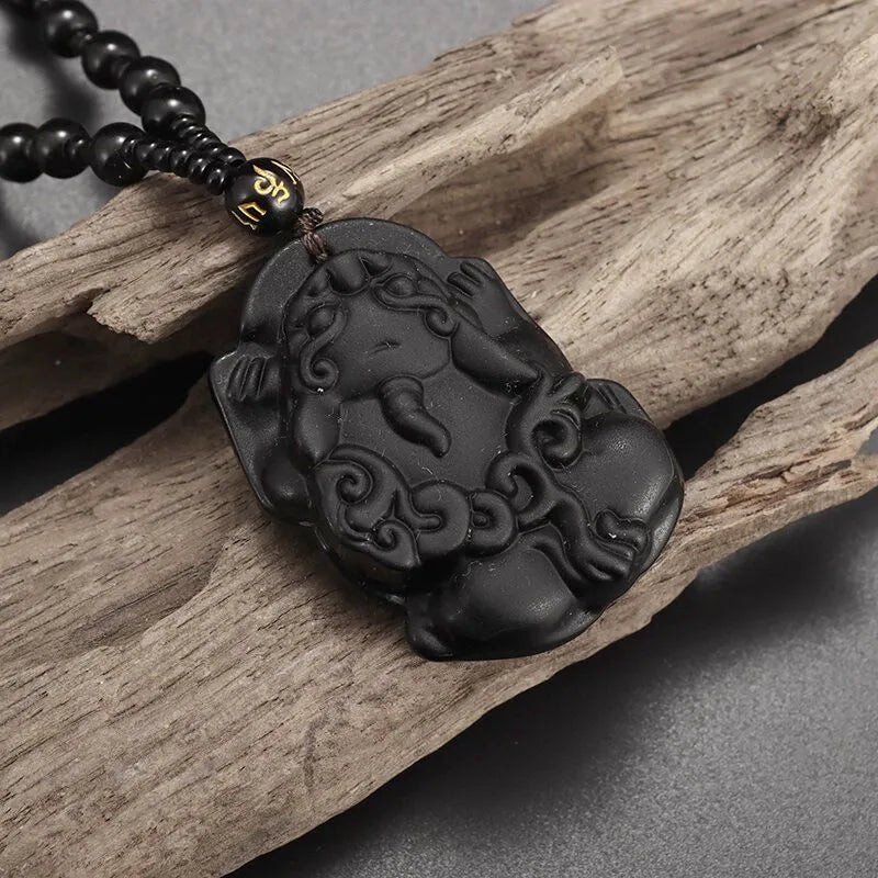 Hand-Carved Obsidian Money Buddha Necklace - Attract Prosperity and Fortune