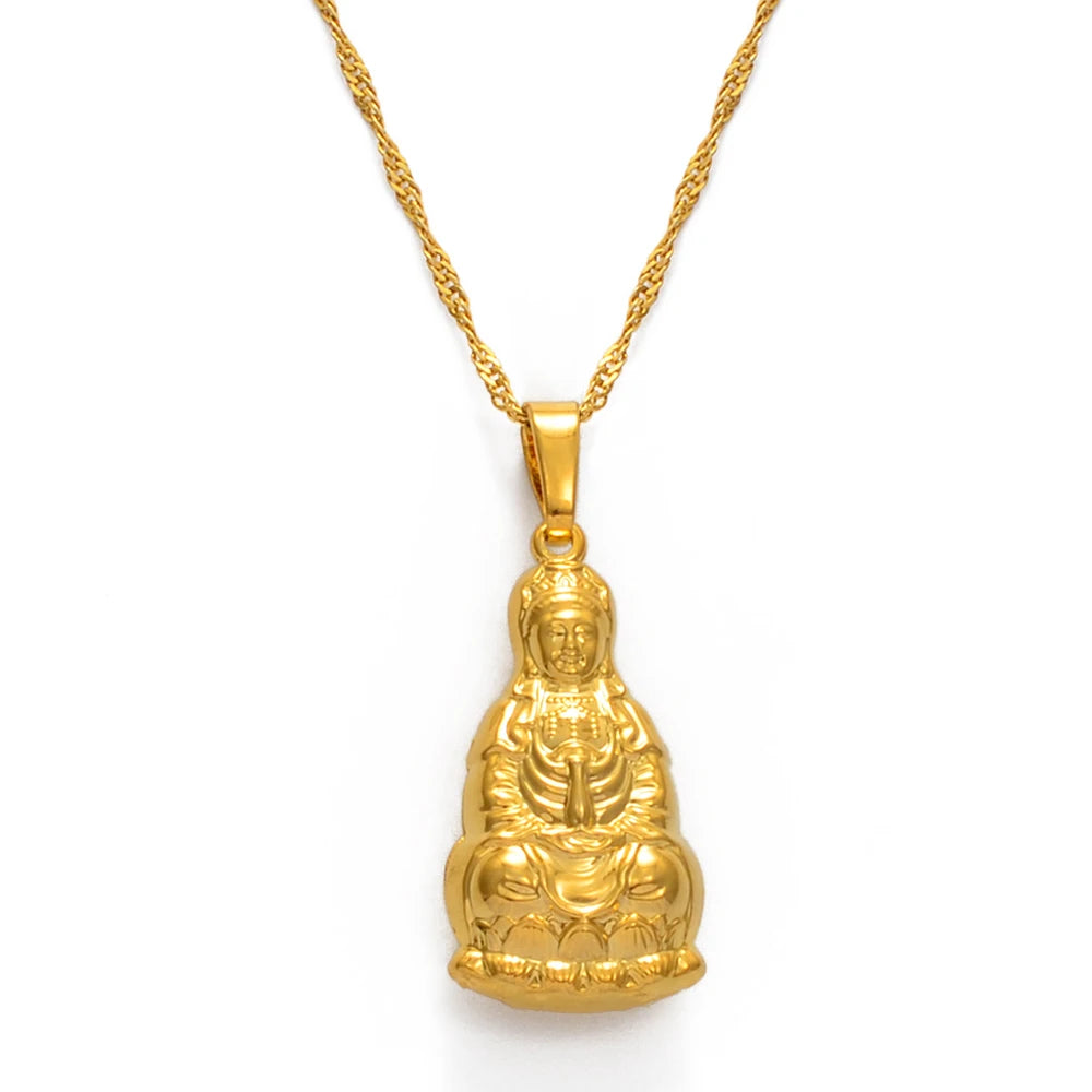 Chinese-Style Gold-Plated Guan Yin Necklace - A Symbol of Compassion & Protection