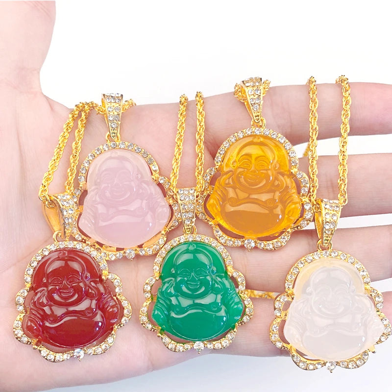 Hip Hop Shiny Natural Stone Maitreya Pendant Buddha Statue Necklace for Men Women Buddhist Amulets Jewelry Gifts