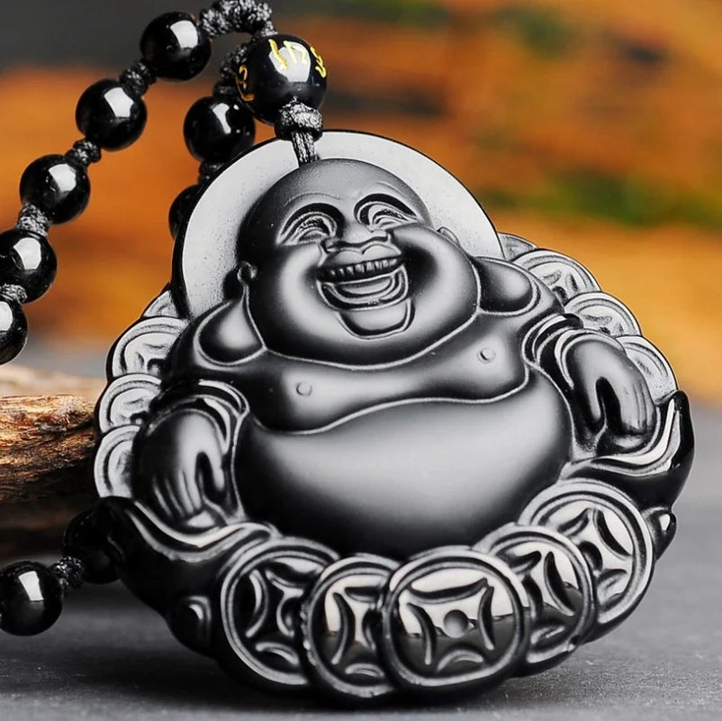 Hand-Carved Obsidian Money Buddha Necklace - Attract Prosperity and Fortune