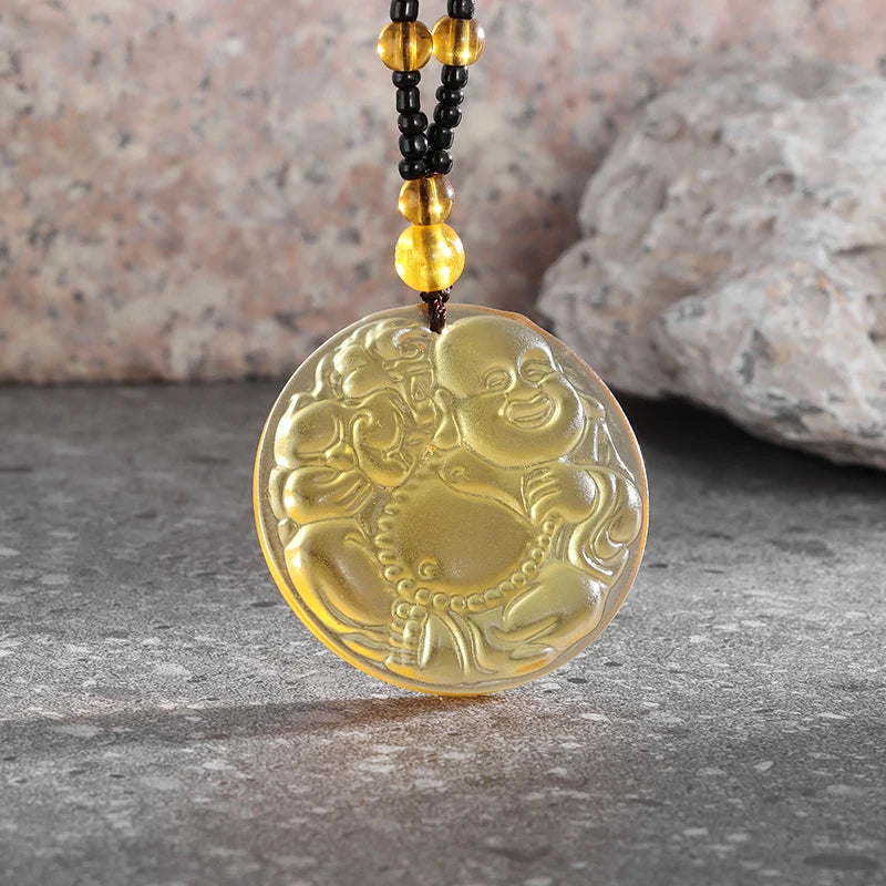 Hand-Carved Obsidian Money Buddha Necklace - Attract Prosperity and Fortune