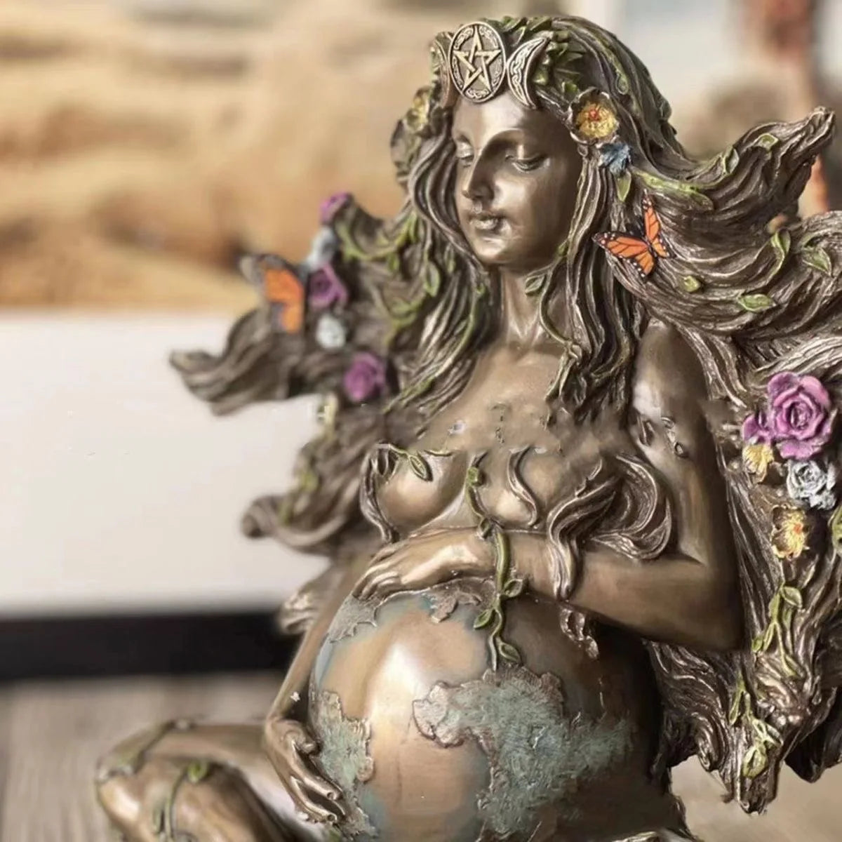 2023 NEW Mother Earth Statue Gaia Fairy with Butterfly Decorative Buddha Figurine Goddess Healing Chakra Meditation