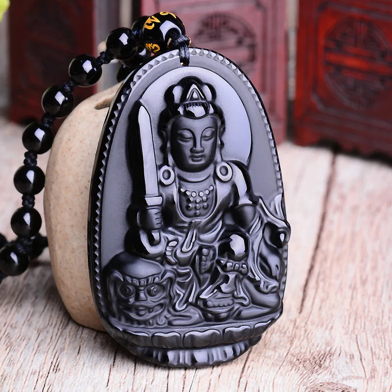 Amitabha Buddha Obsidian Necklace - Shield Against Negativity, Inner Peace