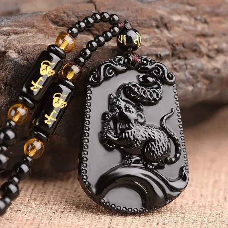 Hand-Carved Obsidian Money Buddha Necklace - Attract Prosperity and Fortune