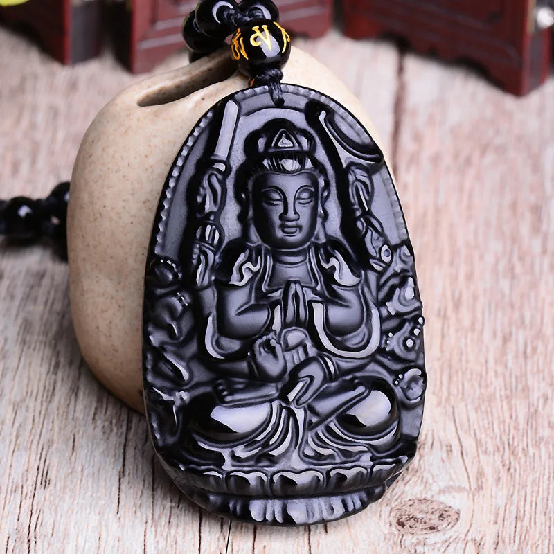 Amitabha Buddha Obsidian Necklace - Shield Against Negativity, Inner Peace