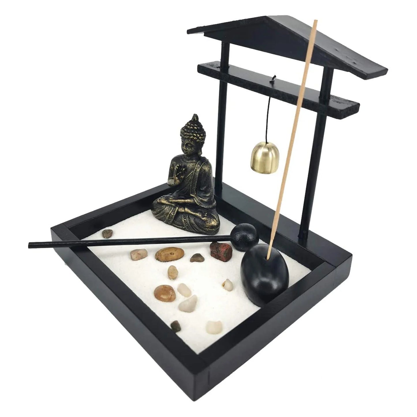 Desktop Zen Sand Garden Meditating Buddha Statue Mini Zen Garden Sand Tray Kit for Home Office Decor