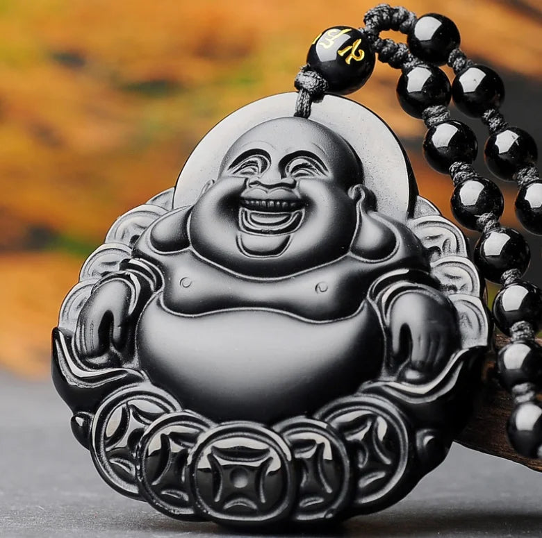 Hand-Carved Obsidian Money Buddha Necklace - Attract Prosperity and Fortune