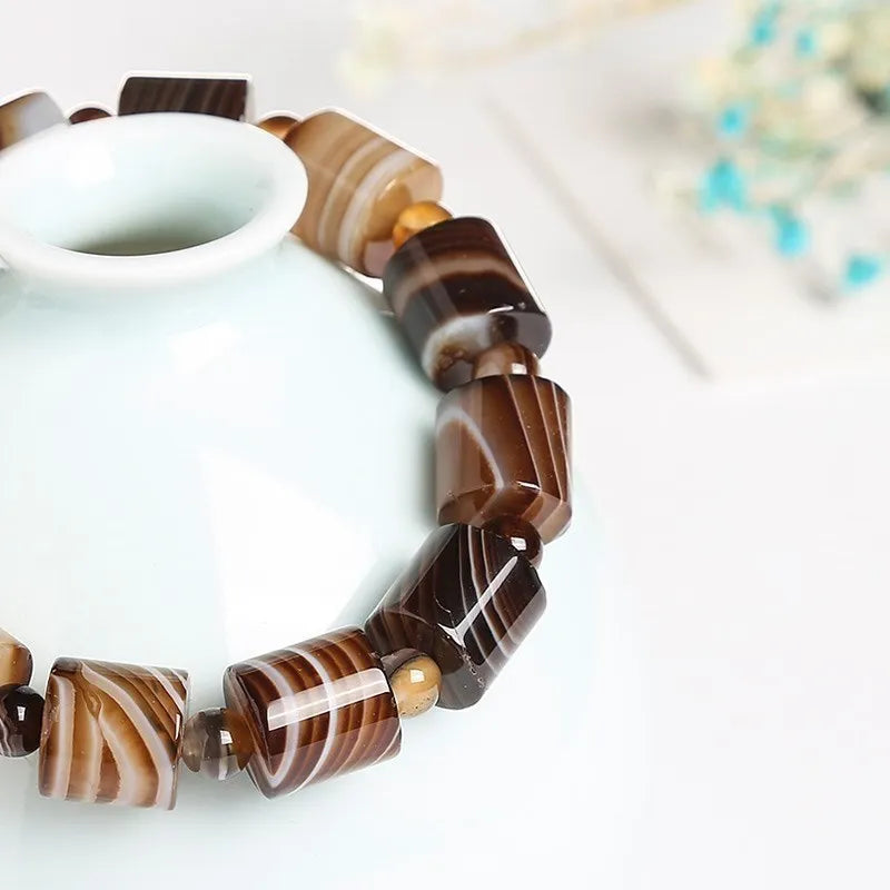 JD Genuine Natural Coffee Lace Agate Bracelet Women Handmade Tibetan Buddha Hand String Tube Rosary Prayer Charm Yoga Bangles