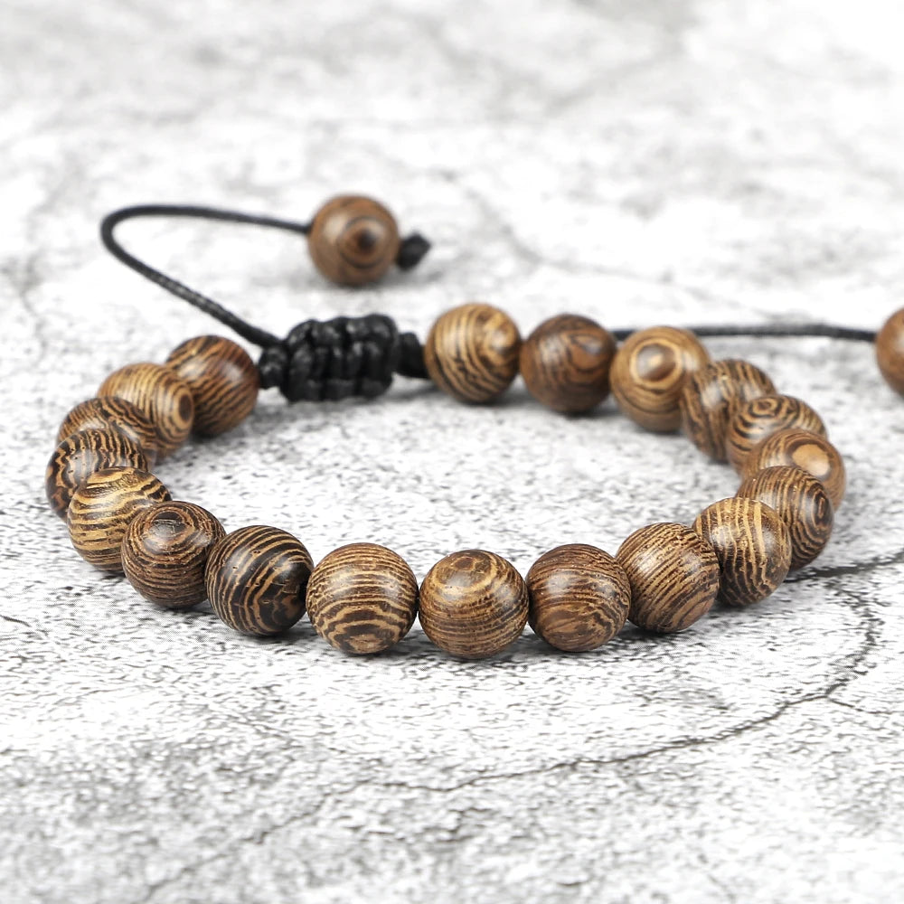 Vintage Men Bracelet 6 8 10 12mm Natural Wood Bead Tibetan Buddha Bracelet Charm Wood Beads Ethnic Tribal Wristbands Men Jewelry