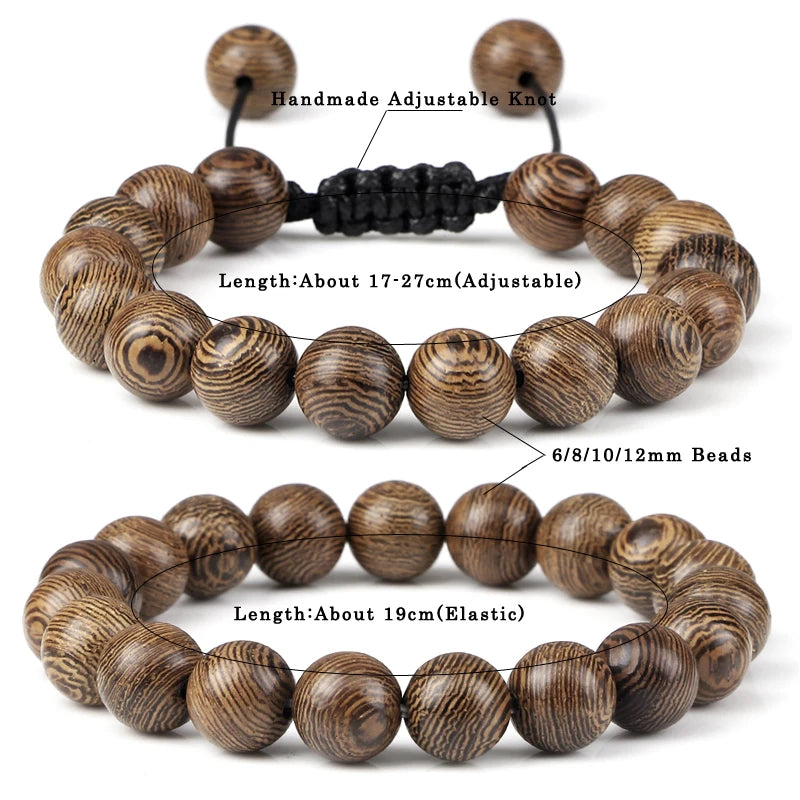 Vintage Men Bracelet 6 8 10 12mm Natural Wood Bead Tibetan Buddha Bracelet Charm Wood Beads Ethnic Tribal Wristbands Men Jewelry