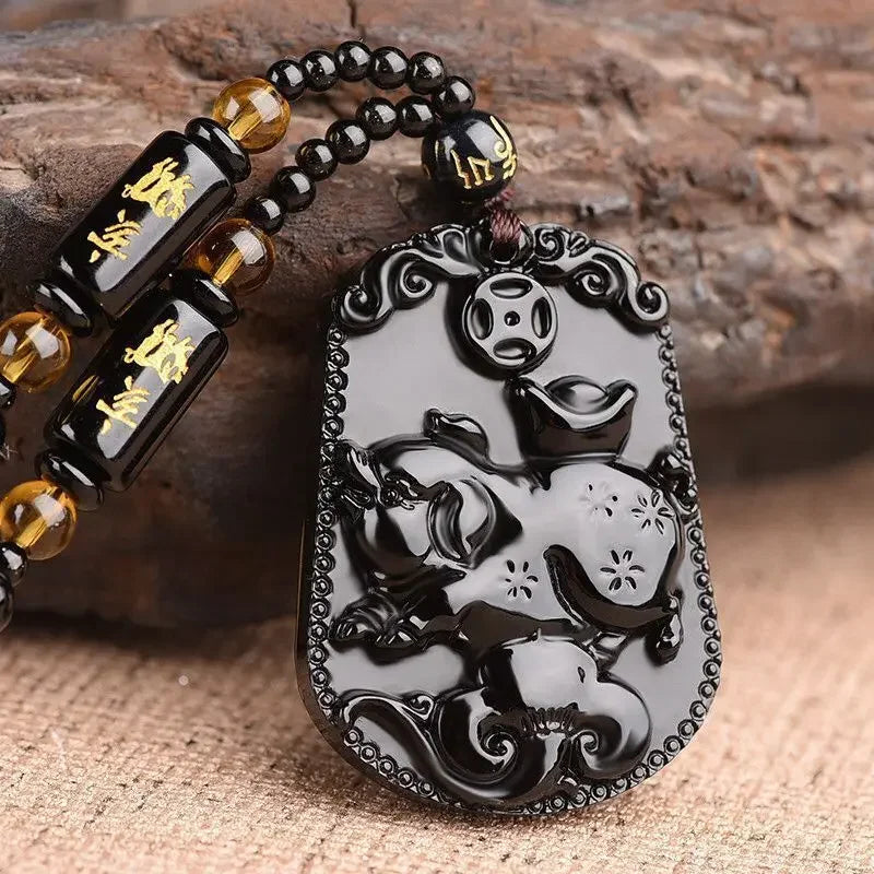 Hand-Carved Obsidian Money Buddha Necklace - Attract Prosperity and Fortune